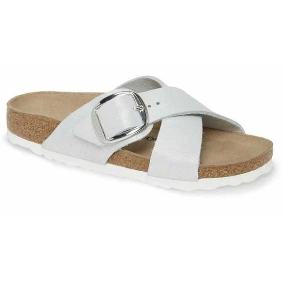 BIRKENSTOCK SIENA BIG BUCKLE SLIDE SANDAL WASHED METALLIC WHITE SZ 6-6.5US/37EU - Picture 1 of 11